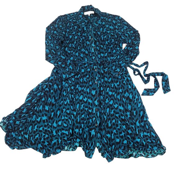 Diane Von Furstenberg Animal Print Dress XL Blue Cheetah Button Up Viscose Tie - Picture 1 of 15